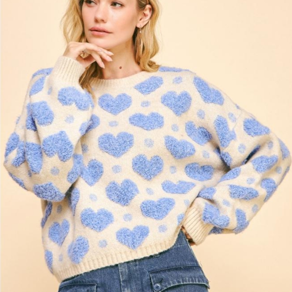 Davi & Dani Plus Size Textured Heart Loose Fit Long Sleeve Knit Sweater